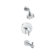 Chrome pressure balance valve tub/shower combo with round trim plate, curved spout, and overhead showerhead.