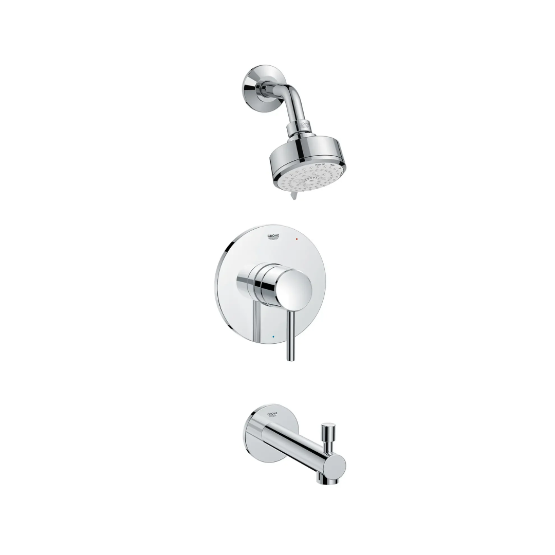Chrome pressure balance valve tub/shower combo with round trim plate, curved spout, and overhead showerhead.