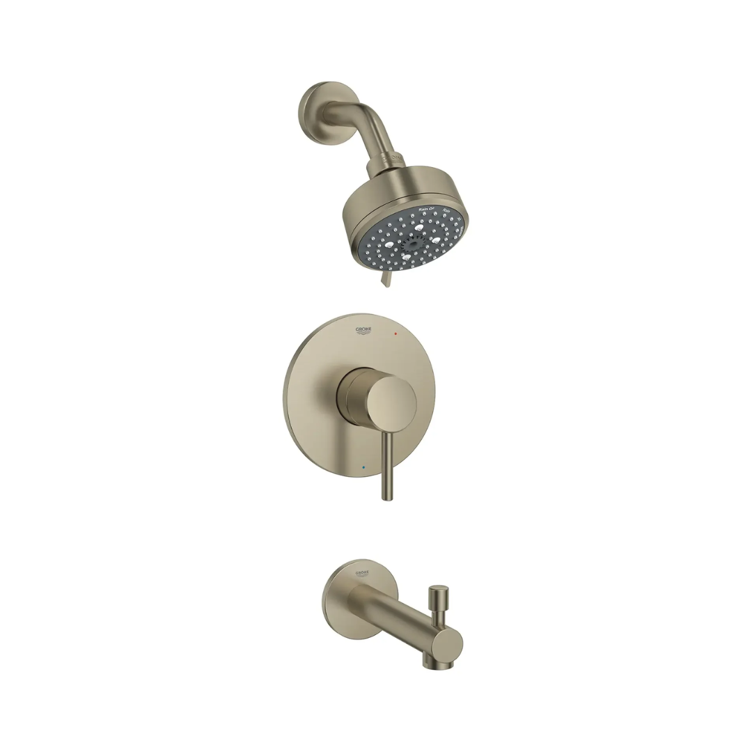 Brushed nickel tub/shower combo with round showerhead, valve trim plate, and tub spout.