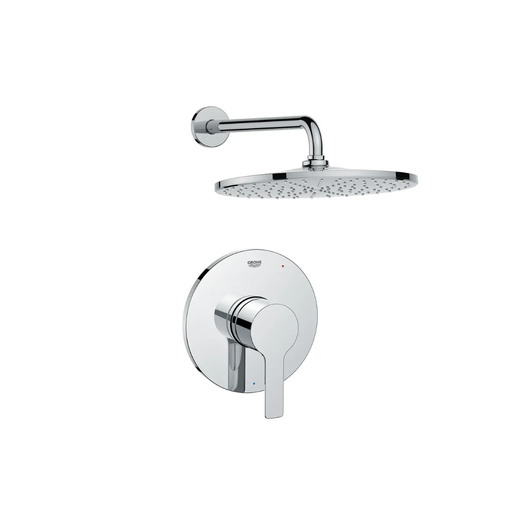 Chrome shower valve trim kit with round wall-mounted control plate, lever handle, curved arm, and overhead rainfall showerhea