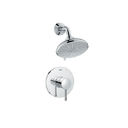 Chrome shower valve combo with round showerhead and perforated spray pattern connected to angled arm and wall-mounted control