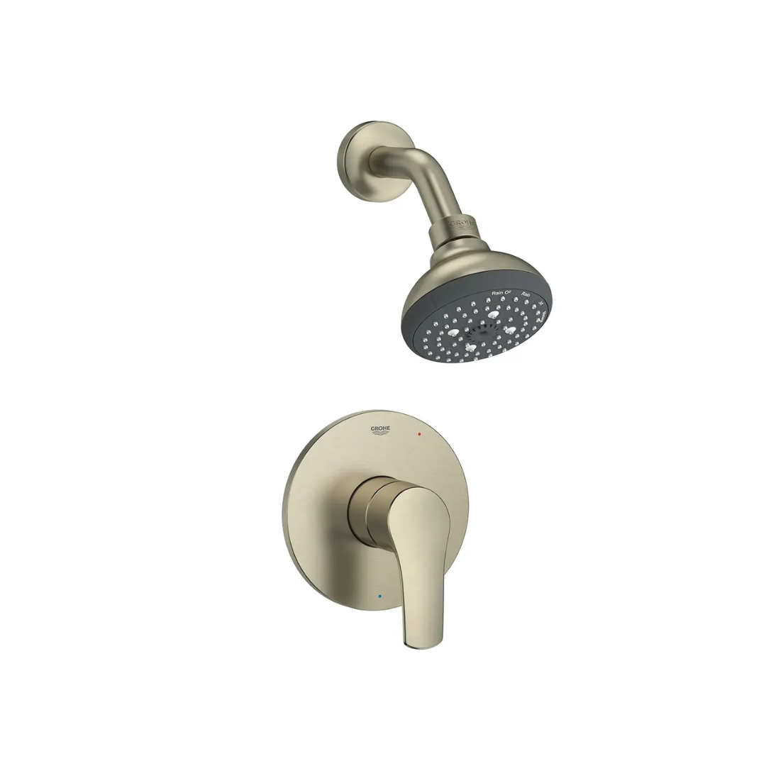 Brushed nickel shower valve combo with circular trim plate, lever handle, and multi-spray showerhead.