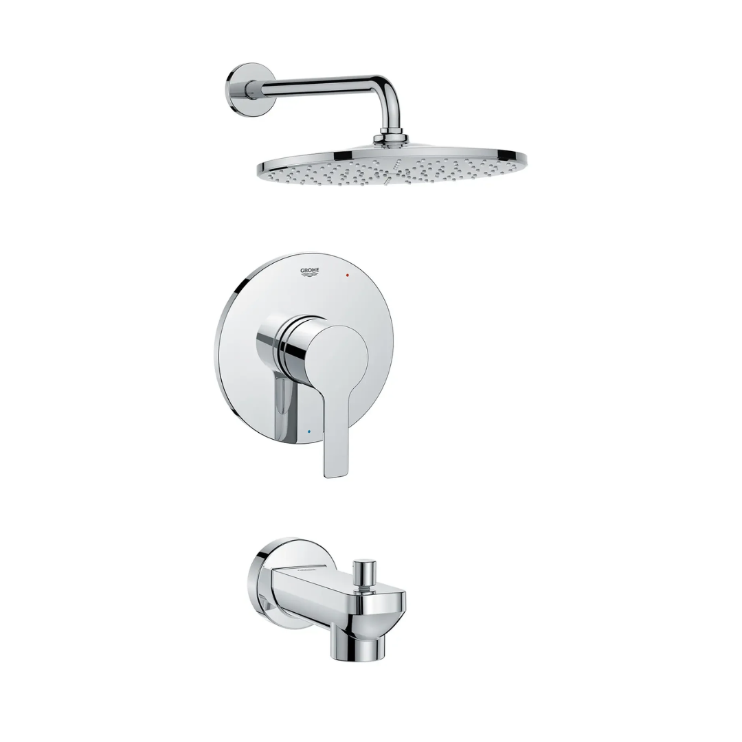 Chrome pressure balance valve tub/shower combo with round shower head, control lever, and tub spout.