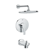 Chrome pressure balance valve tub/shower combo with round shower head, control lever, and tub spout.