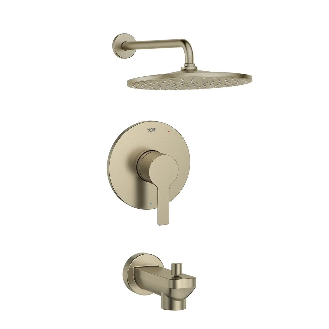 Grohe brushed nickel tub and shower valve with round trim plate, lever handle, overhead showerhead, and tub spout.