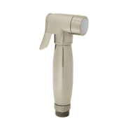 Brushed nickel pull-out spray head with trigger handle and perforated nozzle attachment.