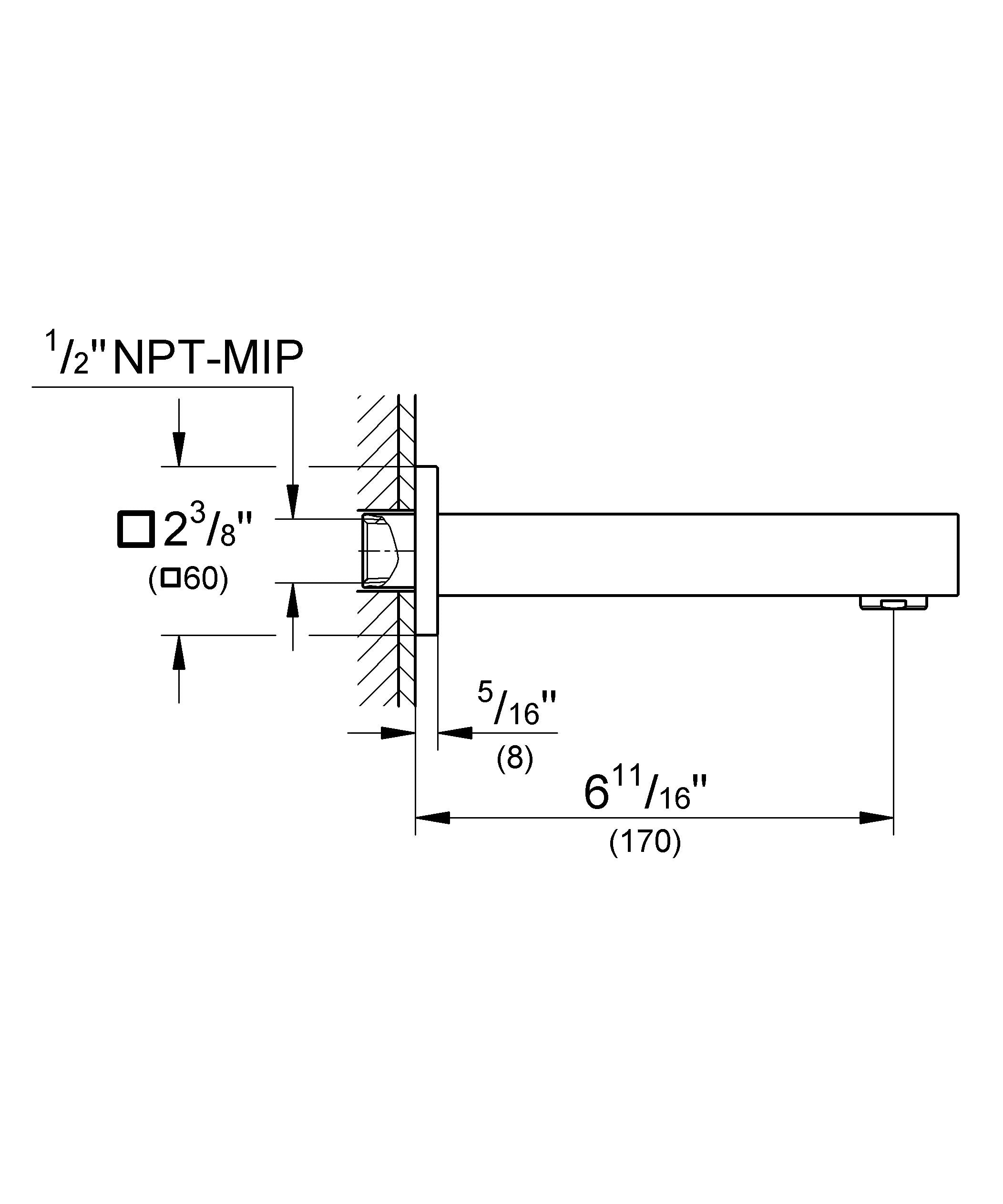 Chrome rectangular tub spout with wall-mounted connection and technical dimension specifications shown.