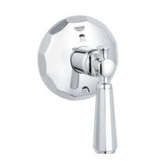 Chrome 2-way diverter valve trim with round escutcheon plate and lever handle.