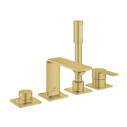 Brushed gold four-hole deck mount roman tub faucet with single handle, spout, and detachable hand shower.