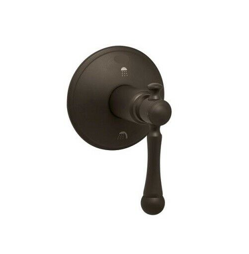 Oil rubbed bronze round diverter trim with lever handle for shower or tub valve control.