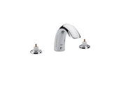 Chrome three-piece roman tub filler with arched center spout and two small handles with red accents.