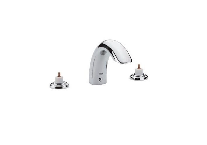 Chrome three-piece roman tub filler with arched center spout and two small handles with red accents.