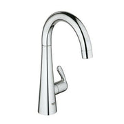 Chrome pillar tap faucet with curved spout and single lever handle on cylindrical base.