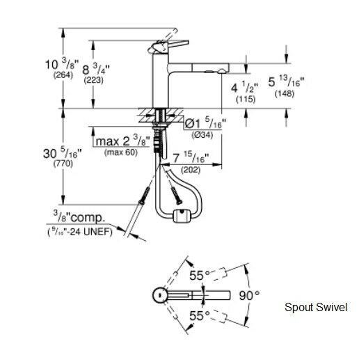 Chrome single-handle kitchen faucet with pull-out spray head and swivel spout, shown with dimensional specifications and spra