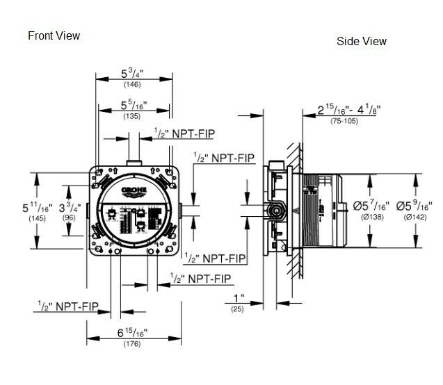 Grohe Rapido SmartBox universal tub shower rough-in valve with front and side technical dimension drawings showing NPT connec