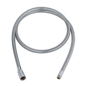 Chrome flexible sprayer hose with ribbed tubing and connector ends coiled on white background.