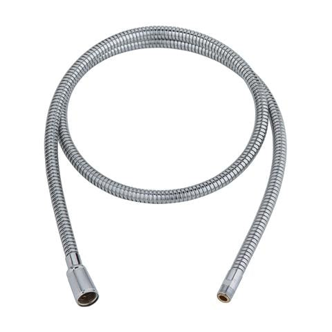 Chrome flexible sprayer hose with ribbed tubing and connector ends coiled on white background.
