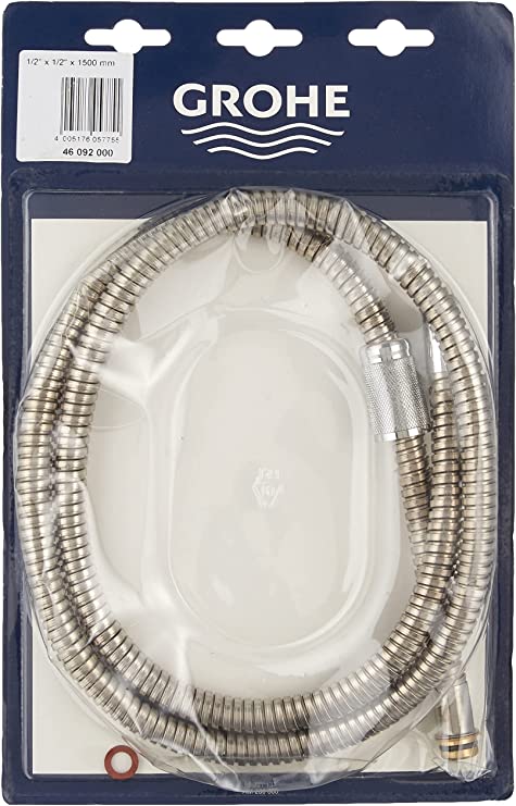 Chrome flexible sprayer hose with ribbed metal tubing and connector fittings, coiled on packaging.