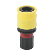 Yellow and black quick coupling connector with red band and central opening for faucet spout attachment.