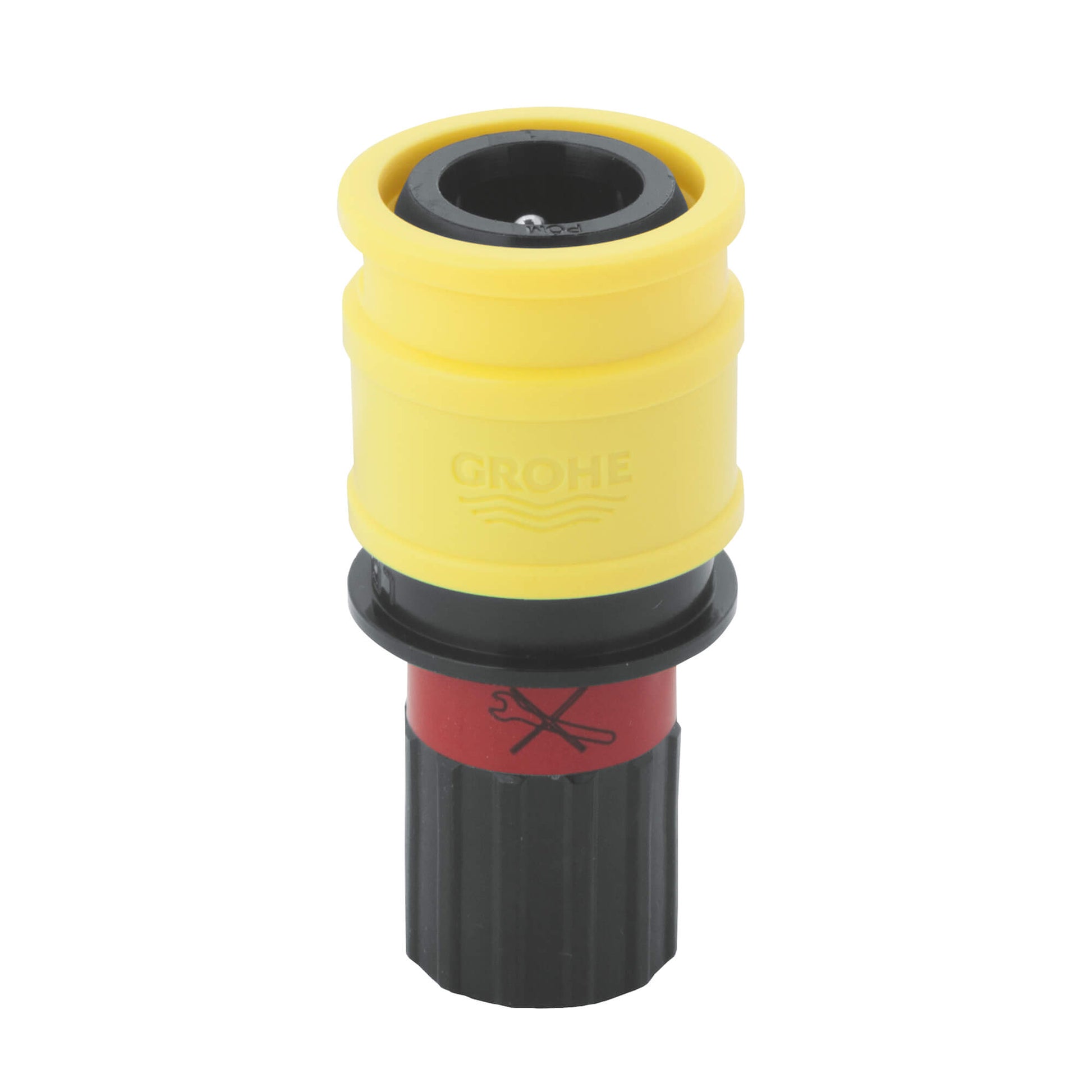 Yellow and black quick coupling connector with red band and central opening for faucet spout attachment.