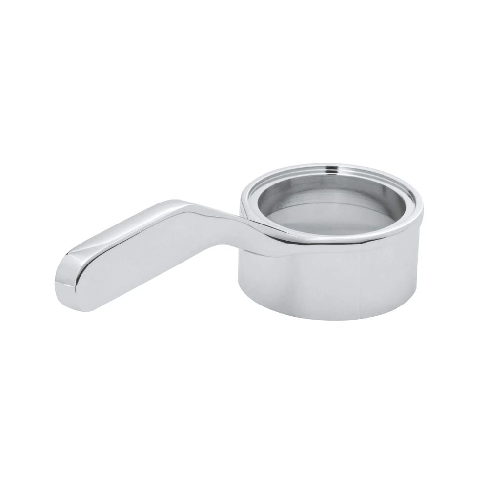 Chrome lever handle and cylindrical sleeve component for Grohe faucet repair.