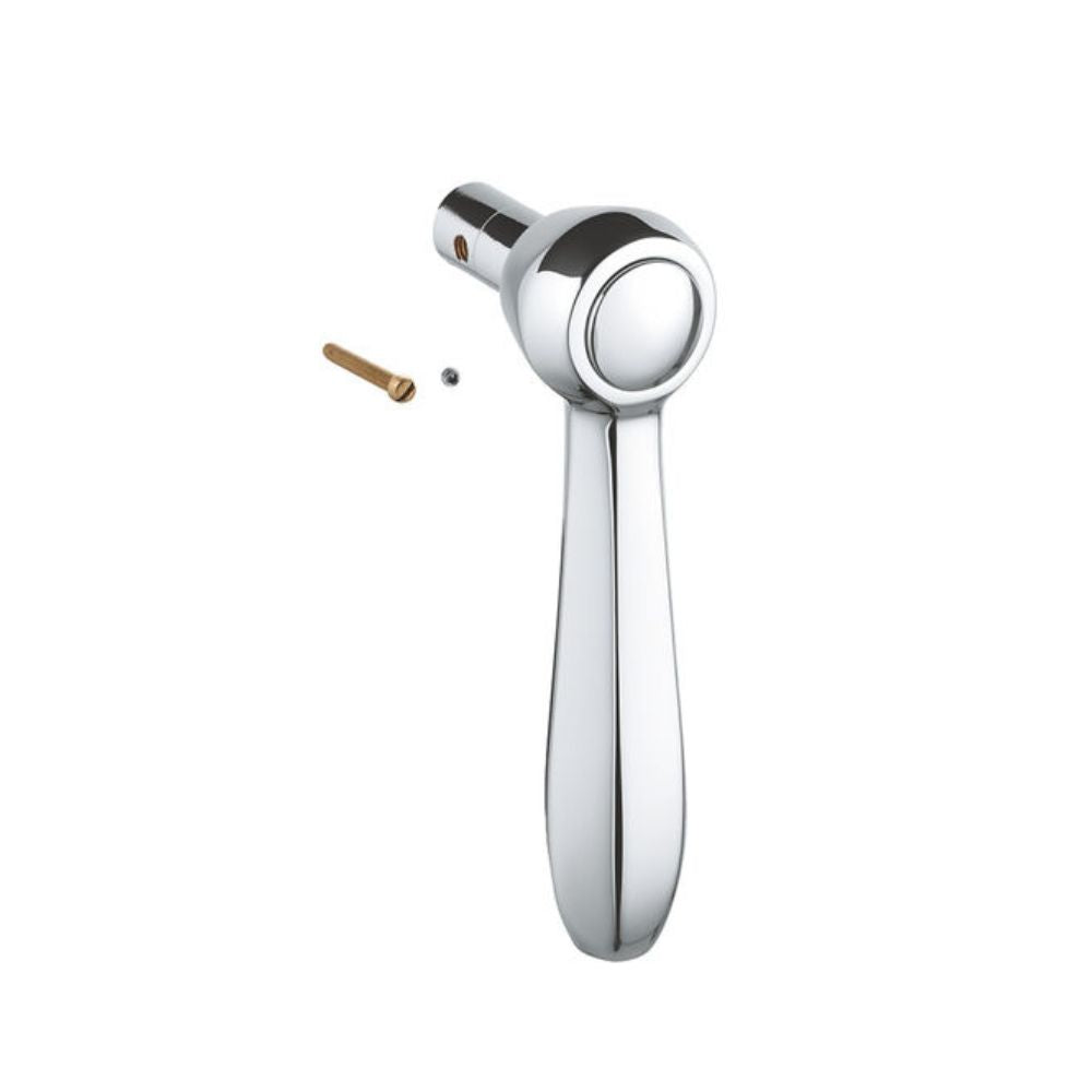 Chrome lever handle with round knob top and elongated body, shown with brass fastener and small metal screw components.