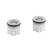 Two white cylindrical non-return valves with black sealing rings and internal springs.