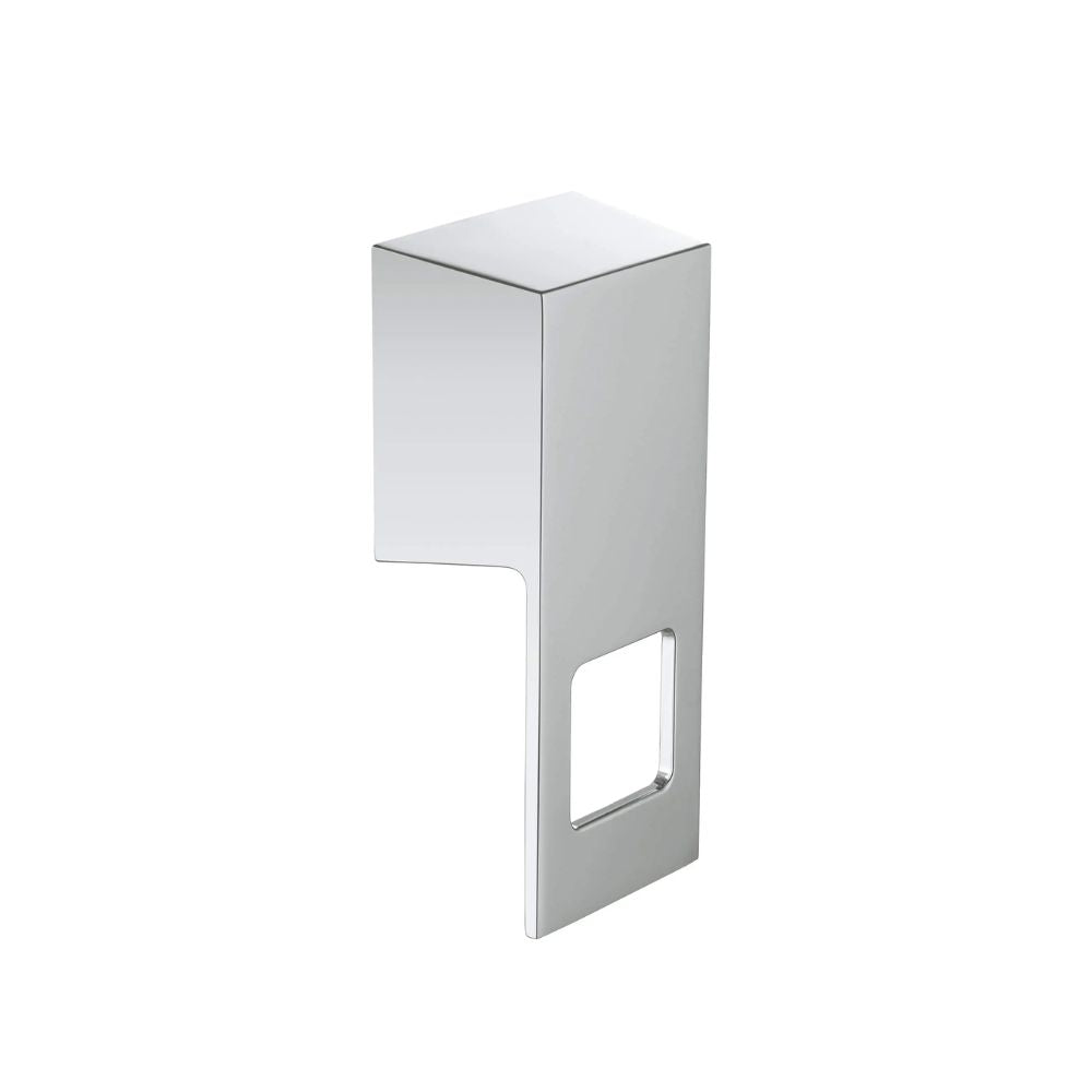 Chrome pressure balancing valve lever with rectangular mounting plate and rectangular cutout opening.