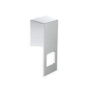 Chrome pressure balancing valve lever with rectangular mounting plate and rectangular cutout opening.