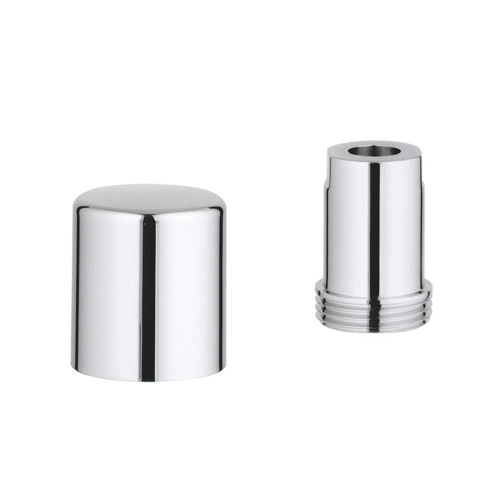 Polished chrome diverter knob with cylindrical shape and threaded connector, shown in two views.