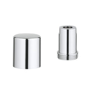 Polished chrome diverter knob with cylindrical shape and threaded connector, shown in two views.