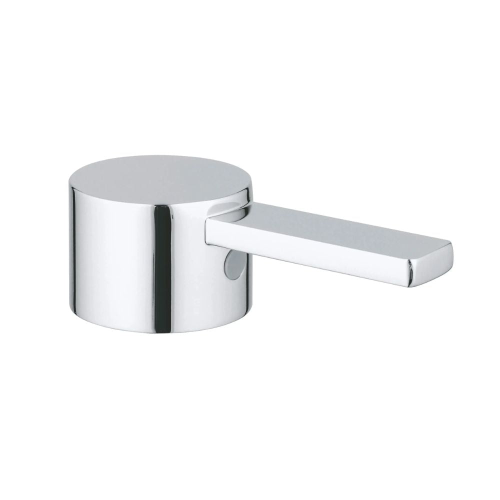 Chrome faucet handle with cylindrical body and rectangular lever arm.
