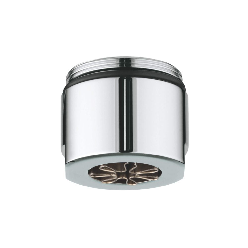 Chrome flow straightener aerator with black rubber band and brass-colored internal flow guide insert.