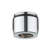 Chrome flow straightener aerator with black rubber band and brass-colored internal flow guide insert.