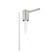 Stainless steel pump unit with white plastic tube and delivery line for soap or lotion dispensing.