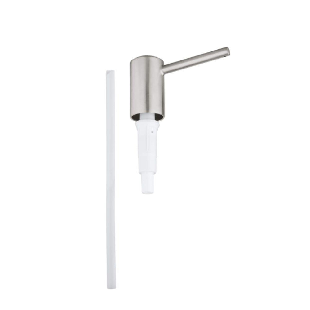 Stainless steel pump unit with white plastic tube and delivery line for soap or lotion dispensing.