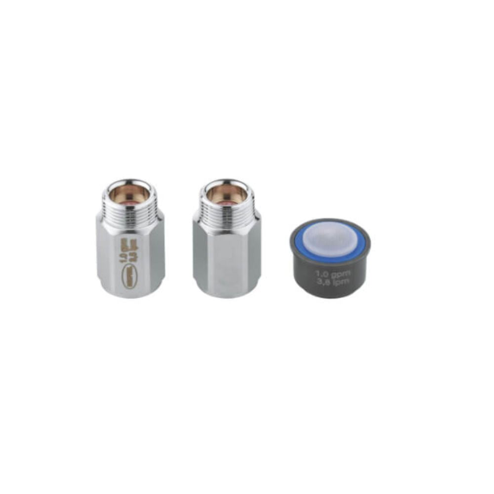 Grohe chrome watersaving kit components including two threaded connectors and one black aerator with blue button.