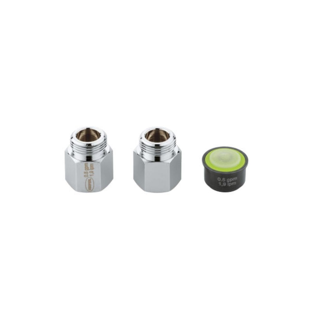 Three chrome plumbing parts: two hexagonal threaded connectors and one black aerator with lime-green center disk labeled 0.35
