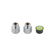 Three chrome plumbing parts: two hexagonal threaded connectors and one black aerator with lime-green center disk labeled 0.35