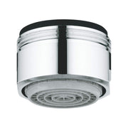 Chrome flow straightener with black rubber ring and gray circular grill base for faucet aerator.