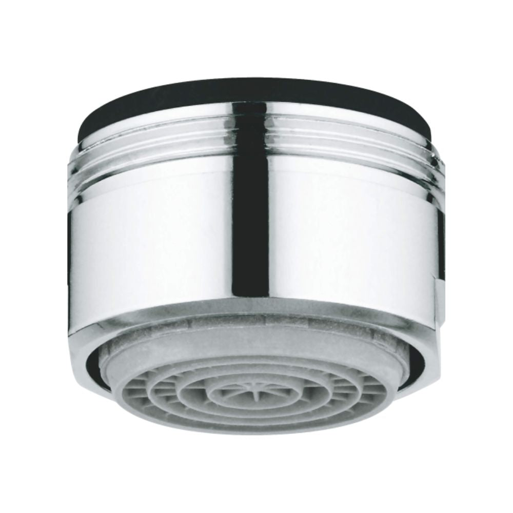 Chrome flow straightener with black rubber ring and gray circular grill base for faucet aerator.