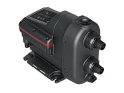 Black water pressure booster pump with red accent stripe, control panel on top, and three threaded ports on bottom.