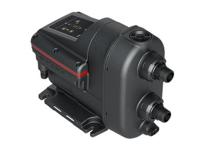 Black water pressure booster pump with red accent stripe, control panel on top, and three threaded ports on bottom.
