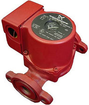 Red Grundfos circulator pump with dark control dial on top and threaded outlet connection at bottom.