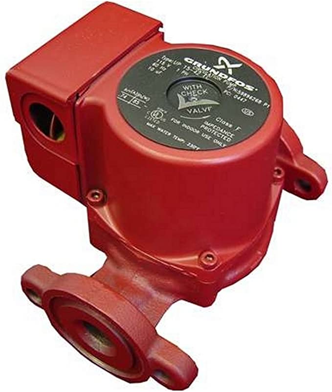 Red Grundfos circulator pump with dark control dial on top and threaded outlet connection at bottom.