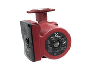 Red Grundfos circulator pump with three-speed control dial and flanged connections for heating system installation.