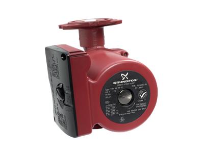 Red Grundfos circulator pump with three-speed control dial and flanged connections for heating system installation.