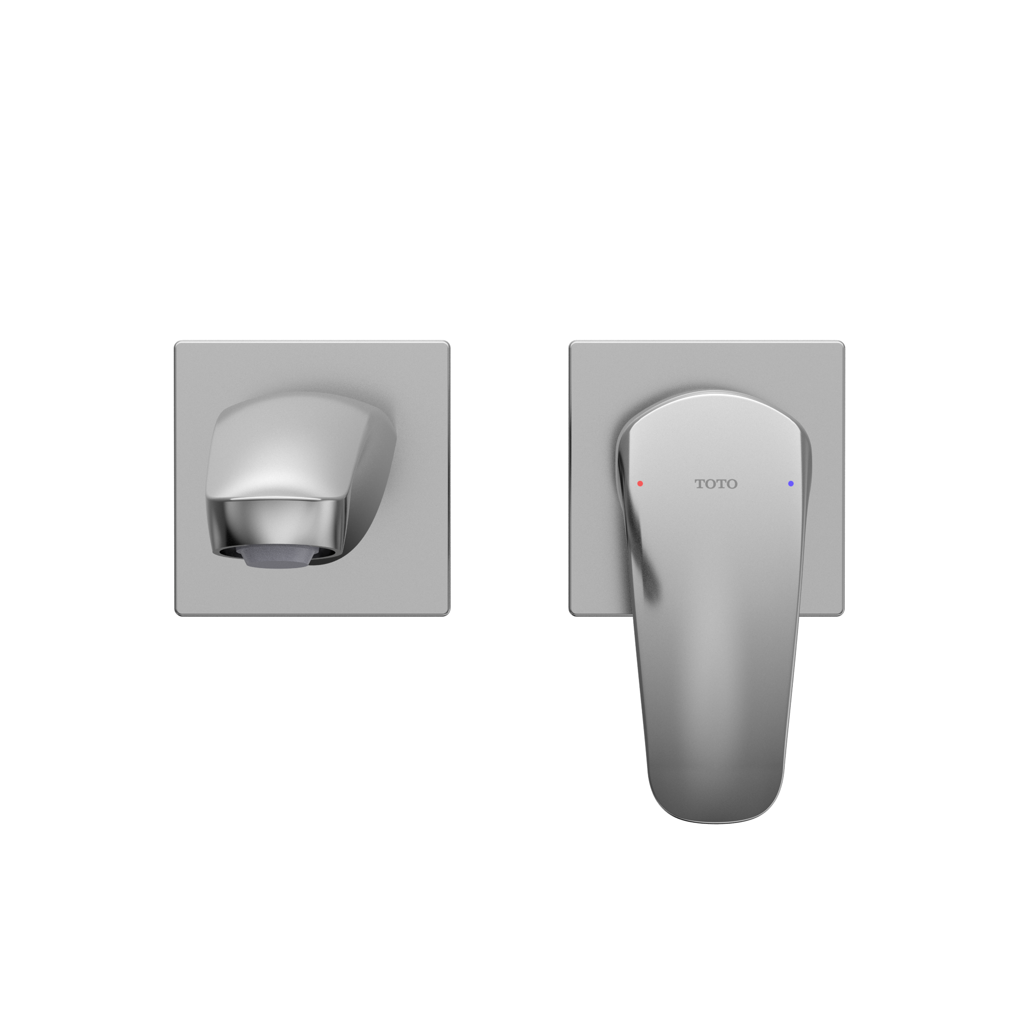 Polished chrome wall-mount bathroom faucet with single handle and square escutcheon, shown from front and side views.