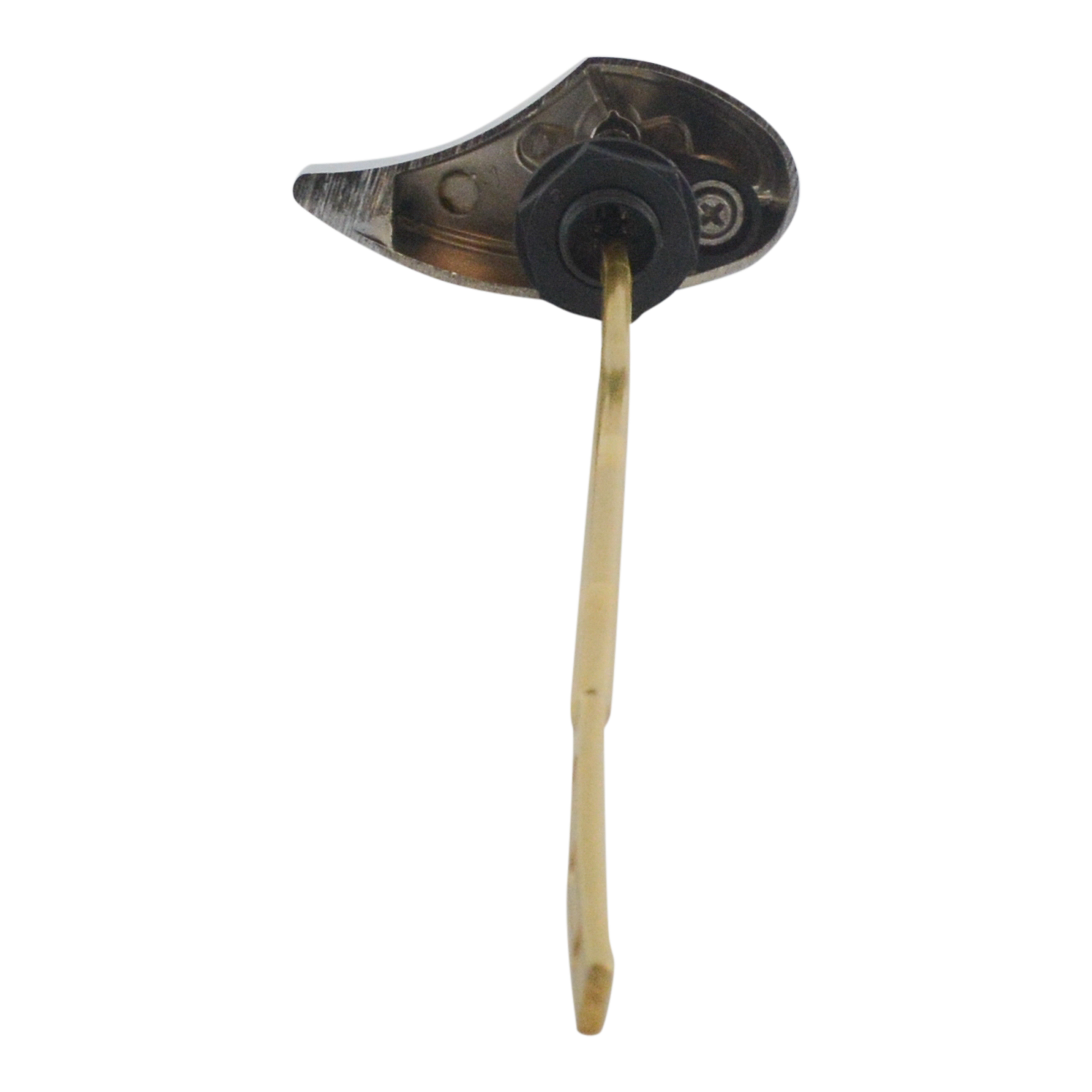 Polished chrome toilet trip lever with curved handle and brass-colored rod connector.