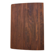 Dark walnut wood cutting board with grain pattern and rounded corners.